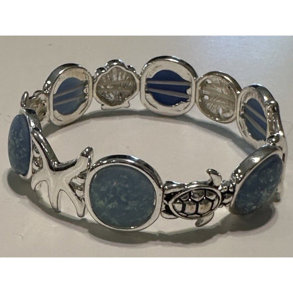 Silver Tone Beachy Stretch Bracelet Turtle Shell Star Fish